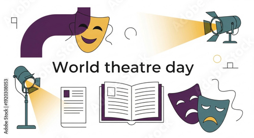 Theatre masks, scripts, and spotlights converge on World Theatre Day celebration, viewed from a dramatic perspective.