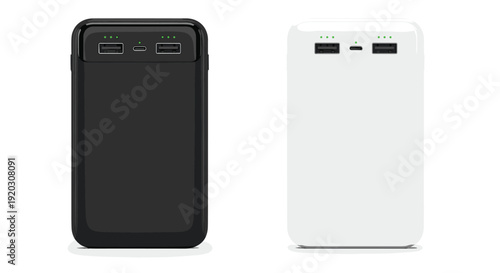 Portable power bank charger vector illustration, black and white external battery with USB ports isolated device design