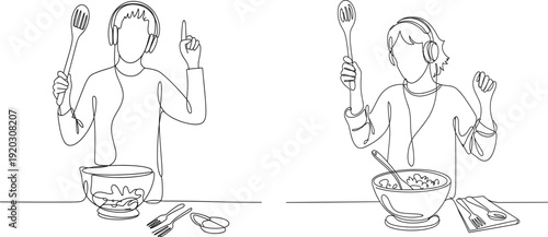 Continuous line drawing of people wearing headphones and cooking while listening to music or podcast