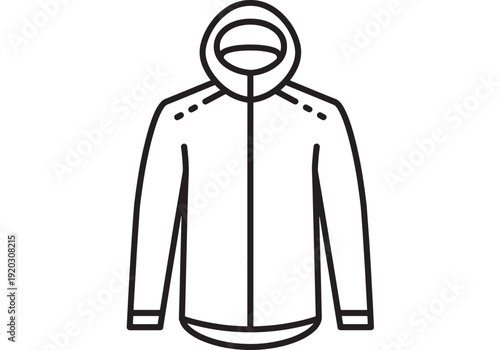 Jacket hooded outline icon with zipper front and long sleeves, minimal black line clothing symbol for apparel shop, winter outerwear concept, isolated on white