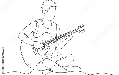 Minimalist single line art of male musician practicing guitar for hobby and musical performance concept