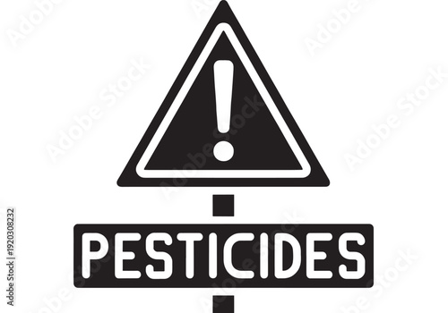 Pesticides warning sign icon with exclamation mark in triangle and bold text label, hazard alert symbol for chemical safety, agriculture regulation, and toxic notice