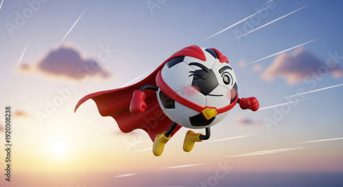 Soccer Ball Superhero Flying in Red Cape against Blue Sky during Sunset