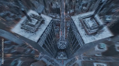 Aerial view of skyscrapers in a bustling city at twilight  