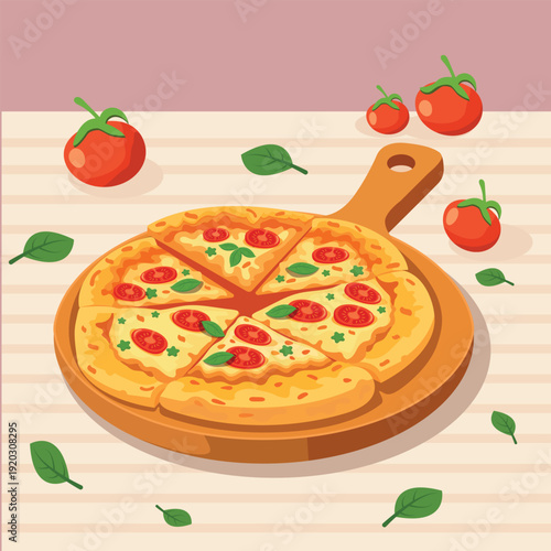 Quadro em tela Classic Margherita Pizza Top View on Wooden Board – Flat Style Italian Food Vect