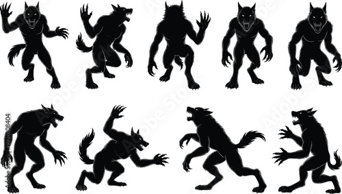 Set of werewolf silhouettes in dynamic poses, black monster wolfman characters collection isolated on white background