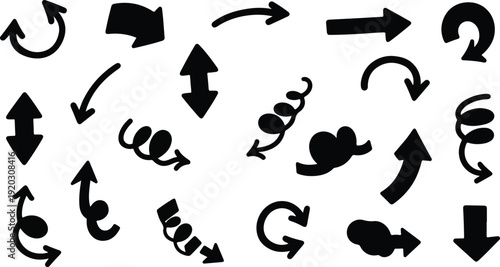 Set of 25 Hand Drawn Black Arrow and Spiral Doodle Icons Vector isolated PNG with Transparent Background