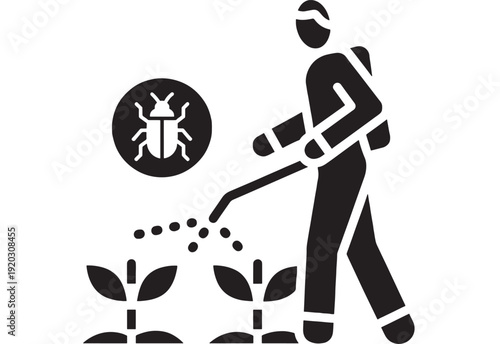 Gardener spraying plants icon with pesticide treatment, bug control symbol, agriculture safety concept, silhouette pictogram for farming, crops protection and pest management