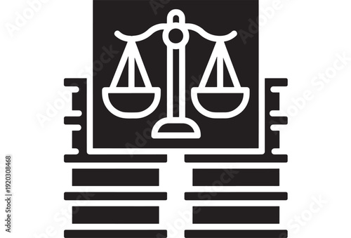 Scales of justice icon with courthouse steps and pillars, legal balance symbol in bold black and white, judiciary law logo for court, attorney, legislation and fairness
