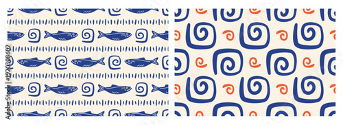 La dolce vita Wallpaper set. Mediterranean Seamless patterns. Hand drawn Doodle Sardines with mosaic elements in italiam style. Vector