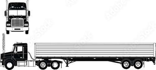 Semi truck with trailer vector illustration, front and side view cargo transport vehicle, isolated heavy duty lorry silhouette
