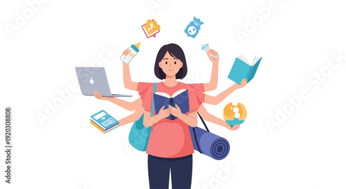 A cheerful Flat Design illustration depicting a woman gracefully juggling various responsibilities, symbolizing the pursuit of work-life balance.