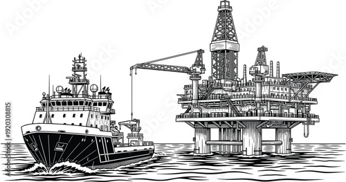 Offshore oil rig and supply ship illustration, industrial sea platform vector drawing, maritime energy production scene, detailed line art