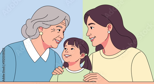 This heartwarming Flat Design illustration portrays women across different generations interacting, symbolizing intergenerational support and the sharing of wisdom.