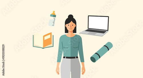 A cheerful Flat Design illustration depicting a woman gracefully juggling various responsibilities, symbolizing the pursuit of work-life balance.