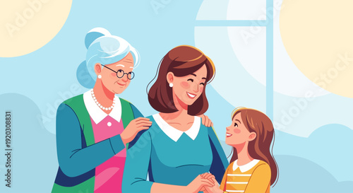 This heartwarming Flat Design illustration portrays women across different generations interacting, symbolizing intergenerational support and the sharing of wisdom.