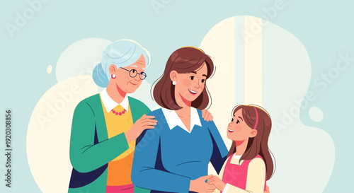 This heartwarming Flat Design illustration portrays women across different generations interacting, symbolizing intergenerational support and the sharing of wisdom.