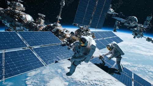 Two astronauts working on solar panels in space near spacecraft  