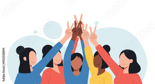 A dynamic Flat Design illustration showing a group of women raising their hands in unison, symbolizing collective action, unity, and empowerment. This clean vector art represents strength in numbers.