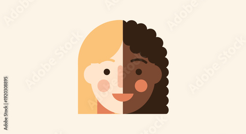 This inclusive Flat Design illustration portrays a woman's face composed of diverse skin tones and hair textures, celebrating the beauty of diversity and inclusion among women.