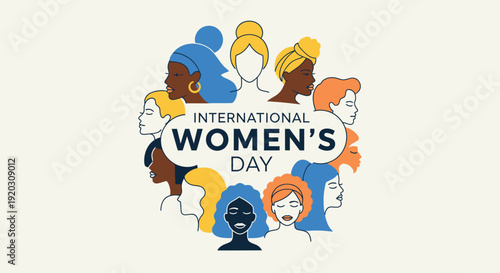 A vibrant flat design vector illustration showcasing a diverse group of abstract women's faces or silhouettes surrounding circular "International Women's Day" typography. This graphic emphasizes inclu