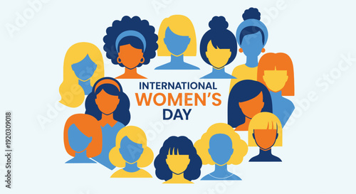 A vibrant flat design vector illustration showcasing a diverse group of abstract women's faces or silhouettes surrounding circular "International Women's Day" typography. This graphic emphasizes inclu