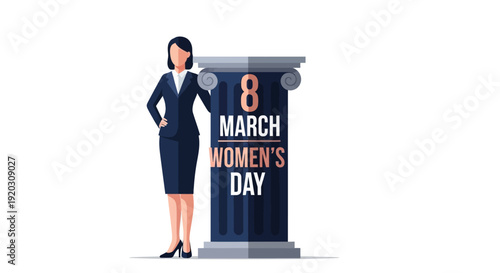 A sophisticated flat design vector illustration featuring a woman's silhouette in a professional stance, forming a strong base for geometric "8 March" typography. 