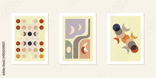 Set of three contemporary abstract art prints featuring moon phases, geometric grids, and organic shapes in a soft color scheme