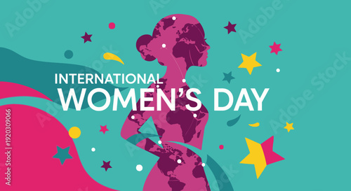 A dynamic flat design vector illustration depicting a woman's silhouette with global elements, combined with celebratory "International Women's Day" typography and festive accents. 