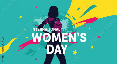 A dynamic flat design vector illustration depicting a woman's silhouette with global elements, combined with celebratory "International Women's Day" typography and festive accents. 