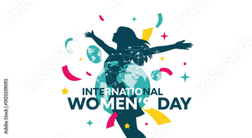 A dynamic flat design vector illustration depicting a woman's silhouette with global elements, combined with celebratory "International Women's Day" typography and festive accents. 