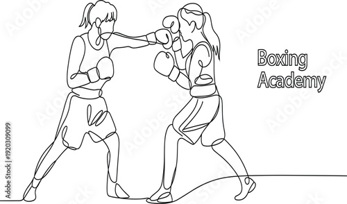 Continuous line art of two women boxing in academy training session for fitness and sports competition