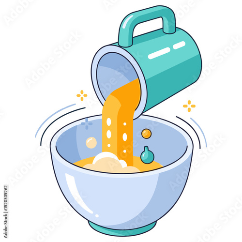 Cartoon style mixing bowl with pouring ingredients graphic