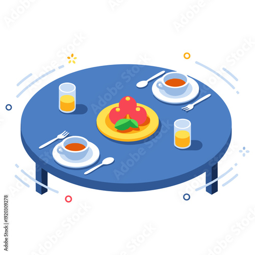 Isometric breakfast table with coffee, juice, and apple pie