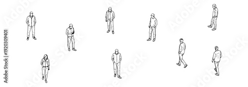 Architectural People Entourage Scale Figures for Rendering, Minimalist Line Art Vector Illustration of Diverse People Walking and Standing, Technical Drawing Human Scales for CAD and Floor Plans