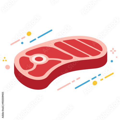 Cartoon style raw steak with bright decorative elements on white background