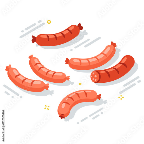 Variety of cartoon sausages on white background: playful food illustration