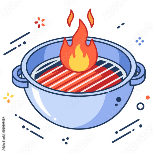 Stylized cartoon barbecue grill with flames and colorful accents