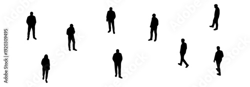 Architectural People Entourage Scale Figures Silhouette for Rendering, Minimalist Line Art Vector Illustration of Diverse People Walking and Standing, Technical Drawing Human Scales