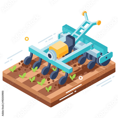 Modern isometric farming equipment on soil with growing plants. No editable stroke