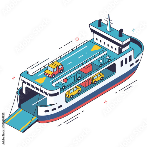 Isometric ferry illustration with vehicles on upper deck and detailed structure. No editable stroke