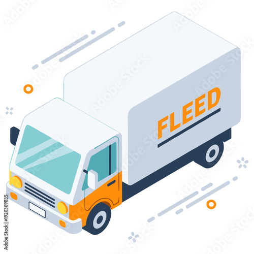 White and orange delivery truck isometric design with fleed logo. No editable stroke