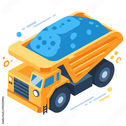 Yellow dump truck with blue payload in motion. No editable stroke