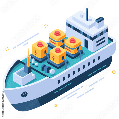 Futuristic cargo ship with energy containers on deck in motion. No editable stroke