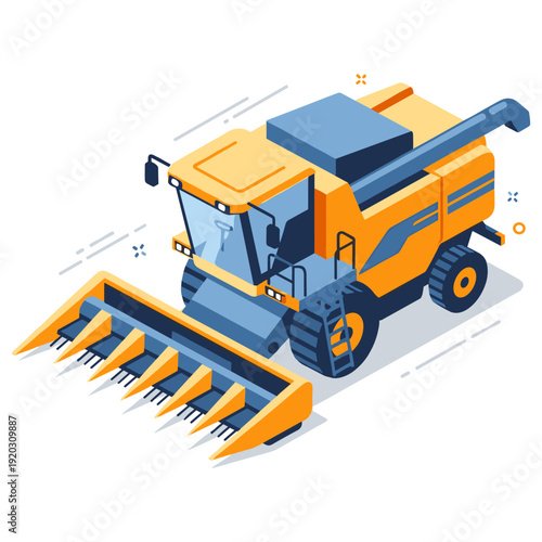 Stylized yellow and blue agricultural combine harvester illustration. No editable stroke