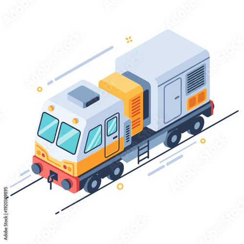 Colorful isometric train on simplistic background with geometric shapes. No editable stroke