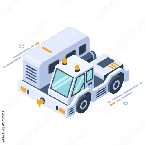 Isometric aircraft pushback tug illustration with orange safety lights. No editable stroke