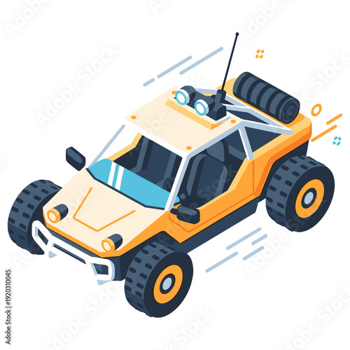 Isometric yellow buggy racing across white background in motion. No editable stroke