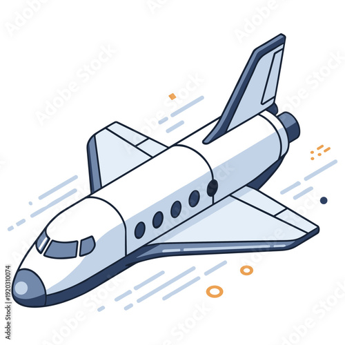 Isometric illustration of a modern space shuttle with dynamic motion elements. No editable stroke