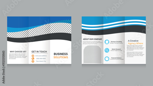 Corporate Business Trifold Brochure Template with Blue Waves and Photo Placeholders. Professional template for company profile, annual report, or marketing leaflet.